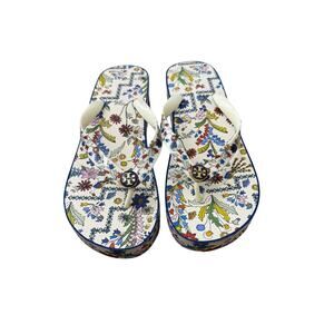 Tory Burch Printed Carved-Wedge flip-flop sandals ivory soleil Size 9